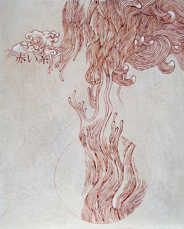 &#8220;Red Thread&#8221;, Gesso, shoe polish, pencil, acrylic and blood on panel by Nola Avienne