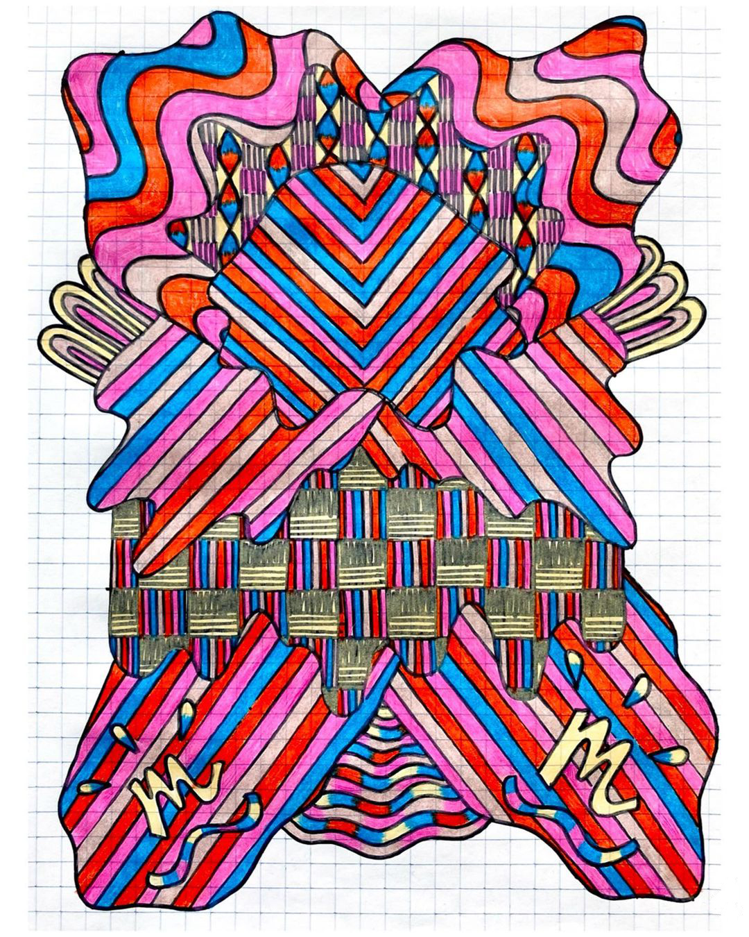 “Figure 4 (Poppy and Hot Pink)”, Colored pencil and sharpie on graph paper by Julie Alpert